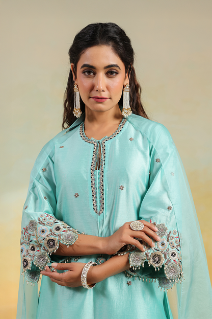 Light Blue Rose Cut Scallop Kurta Set