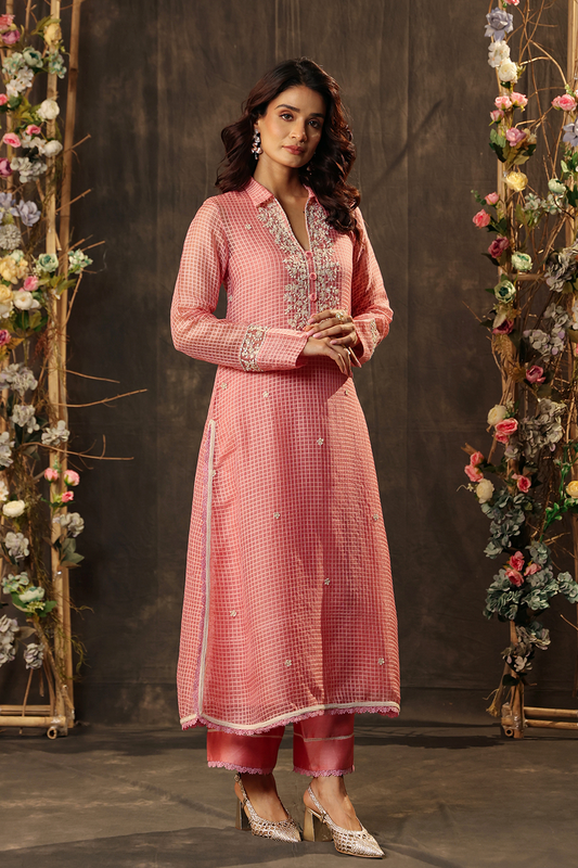 Vaayu Pink Collar Kurta Set