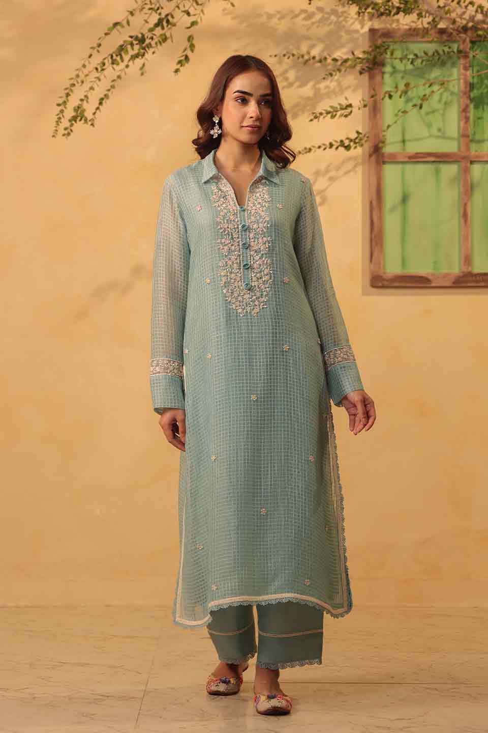 Vaayu Light Blue Collar Kurta Set