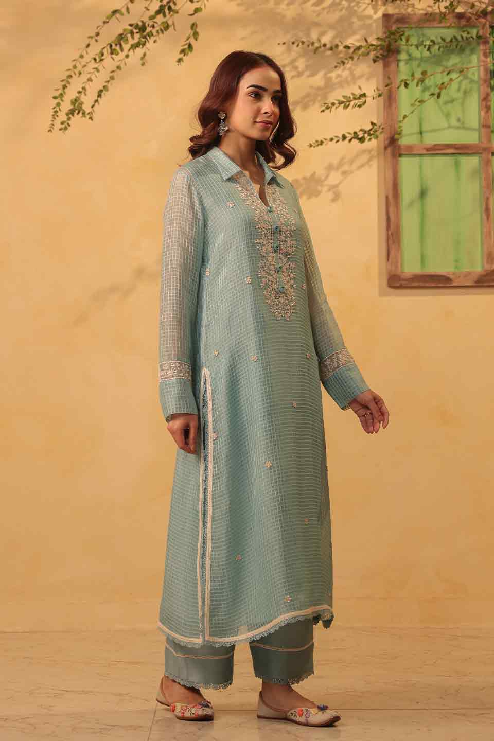 Vaayu Light Blue Collar Kurta Set
