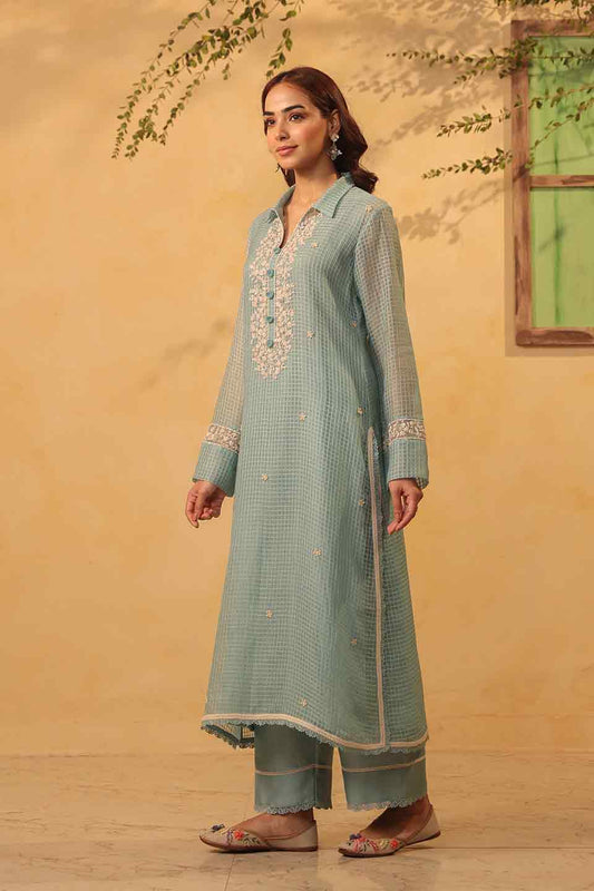 Vaayu Light Blue Collar Kurta Set