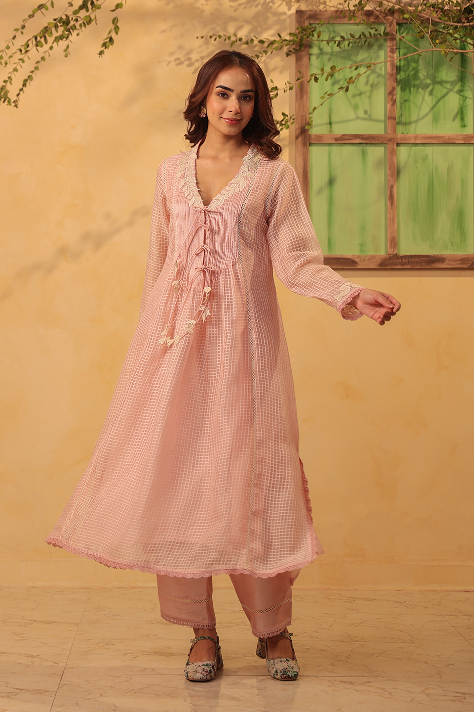 Vaayu Light Pink Tie-up Kurta Set