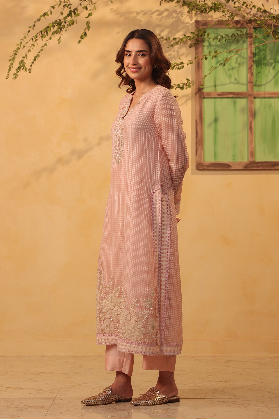 Vaayu Light Pink Straight Long Kurta Set