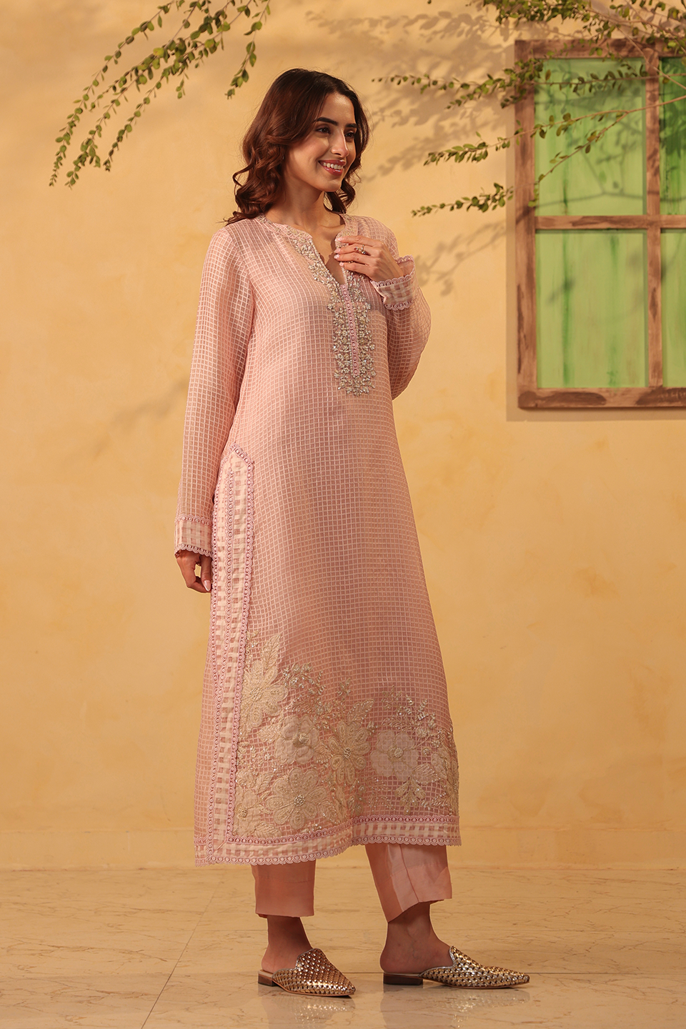 Vaayu Light Pink Straight Long Kurta Set