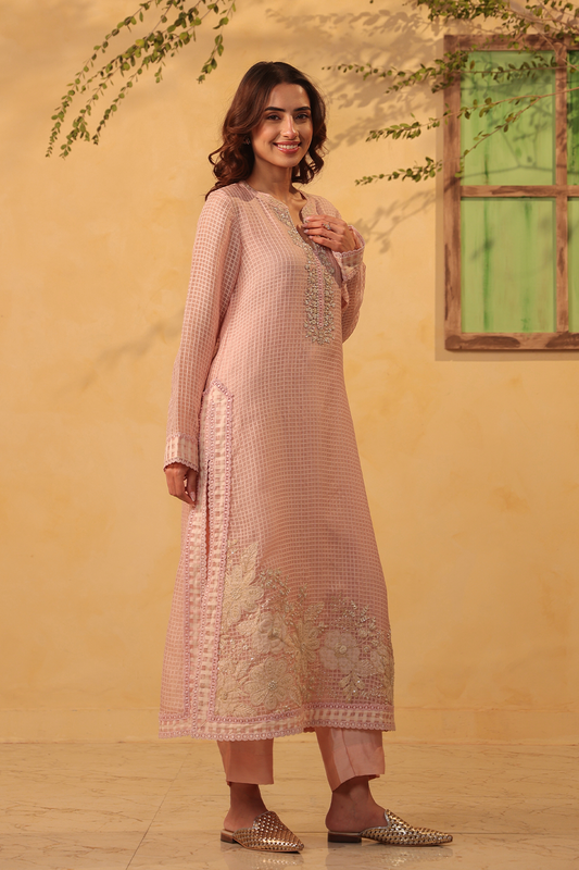 Vaayu Light Pink Straight Long Kurta Set