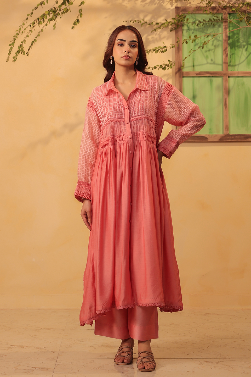 Vaayu Pink Pintuck Collar Kurta Set