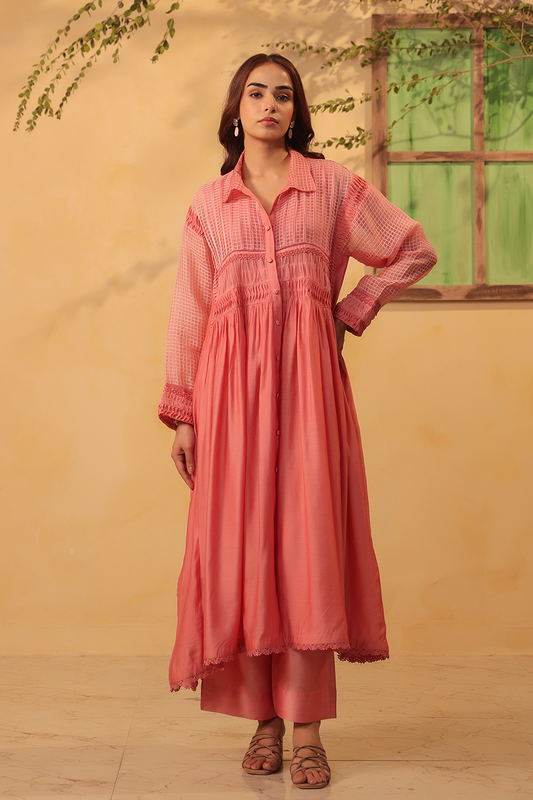 Vaayu Pink Pintuck Collar Kurta Set