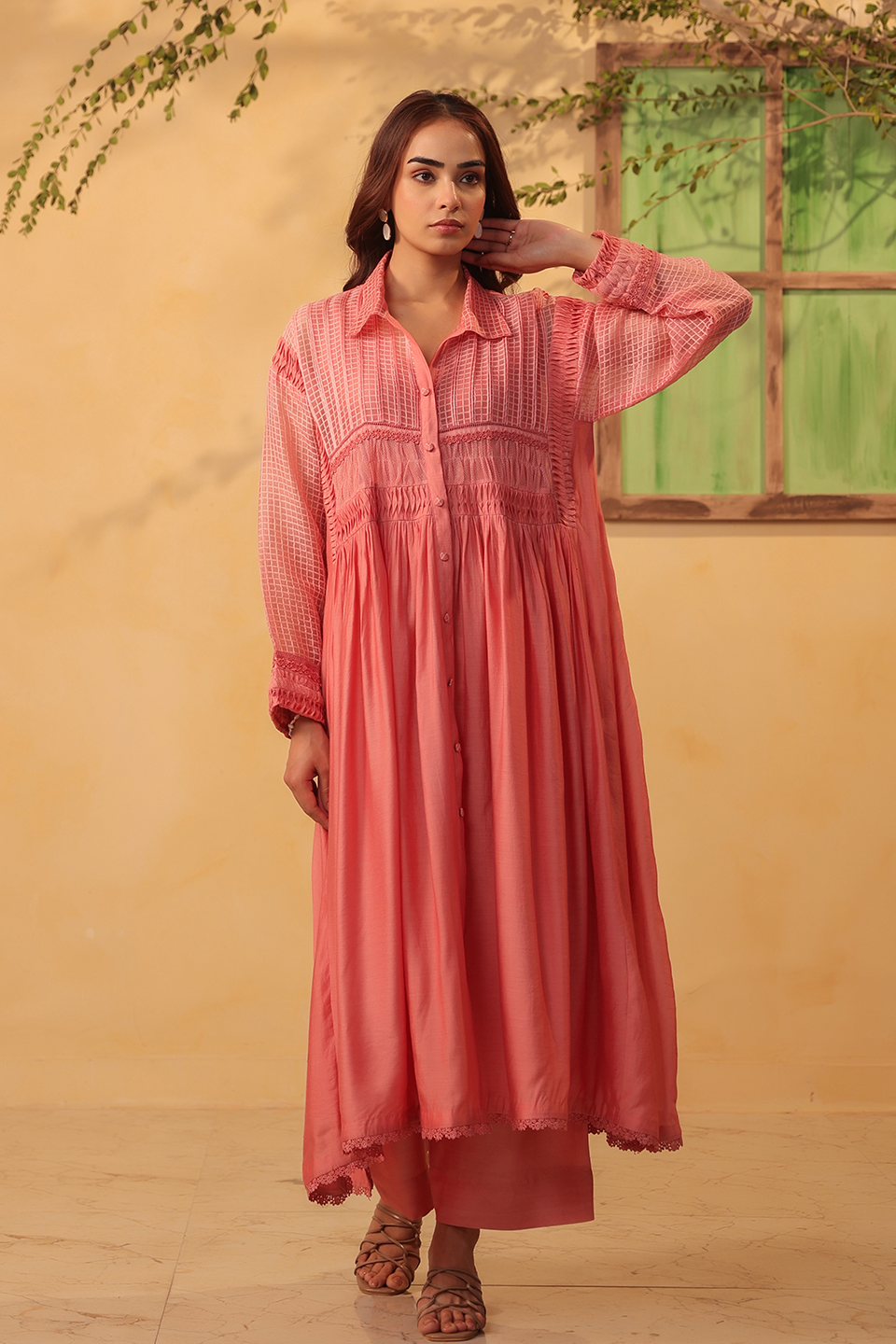 Vaayu Pink Pintuck Collar Kurta Set