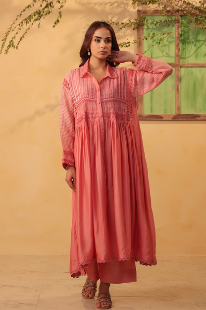 Vaayu Pink Pintuck Collar Kurta Set