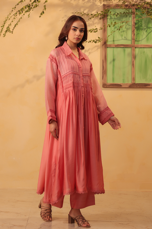 Vaayu Pink Pintuck Collar Kurta Set