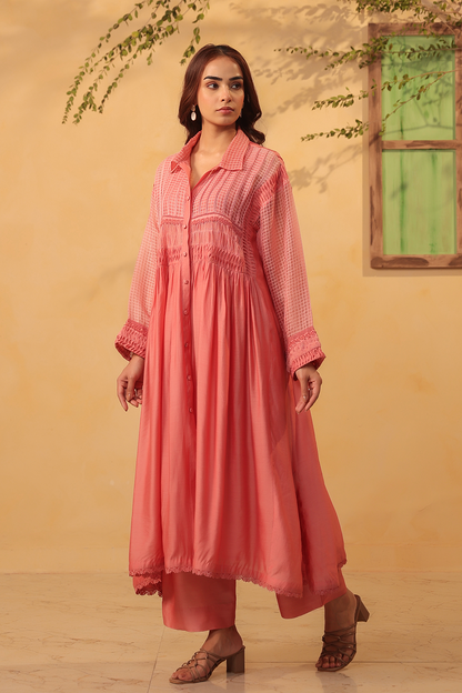 Vaayu Pink Pintuck Collar Kurta Set
