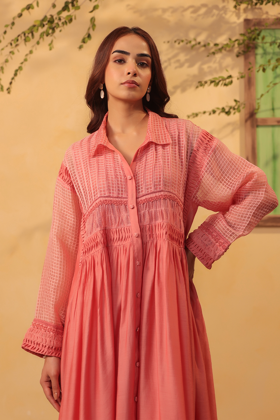 Vaayu Pink Pintuck Collar Kurta Set