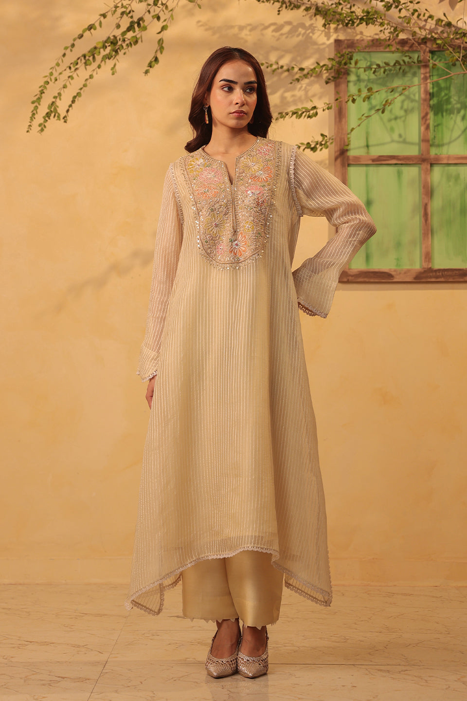 Vaayu Beige Applique Yoke Kurta Set