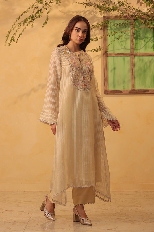 Vaayu Beige Applique Yoke Kurta Set
