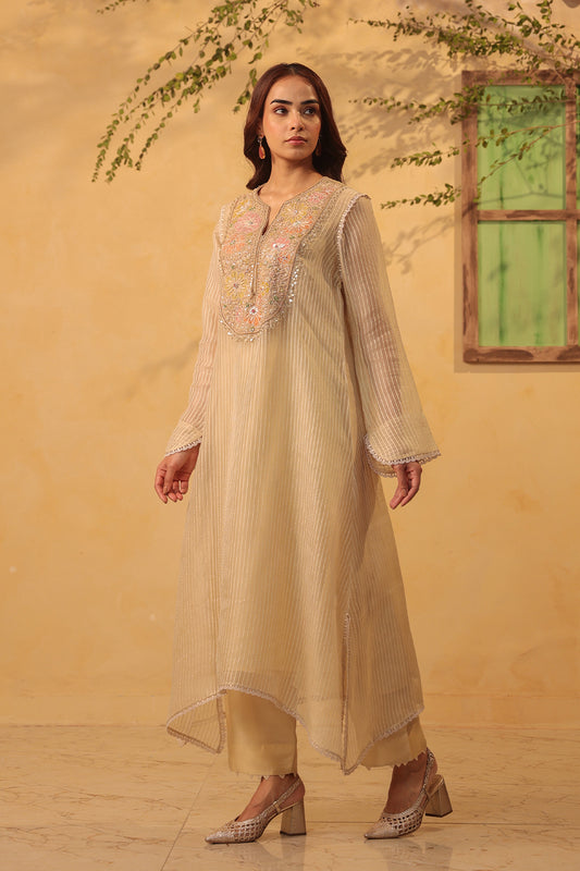 Vaayu Beige Applique Yoke Kurta Set
