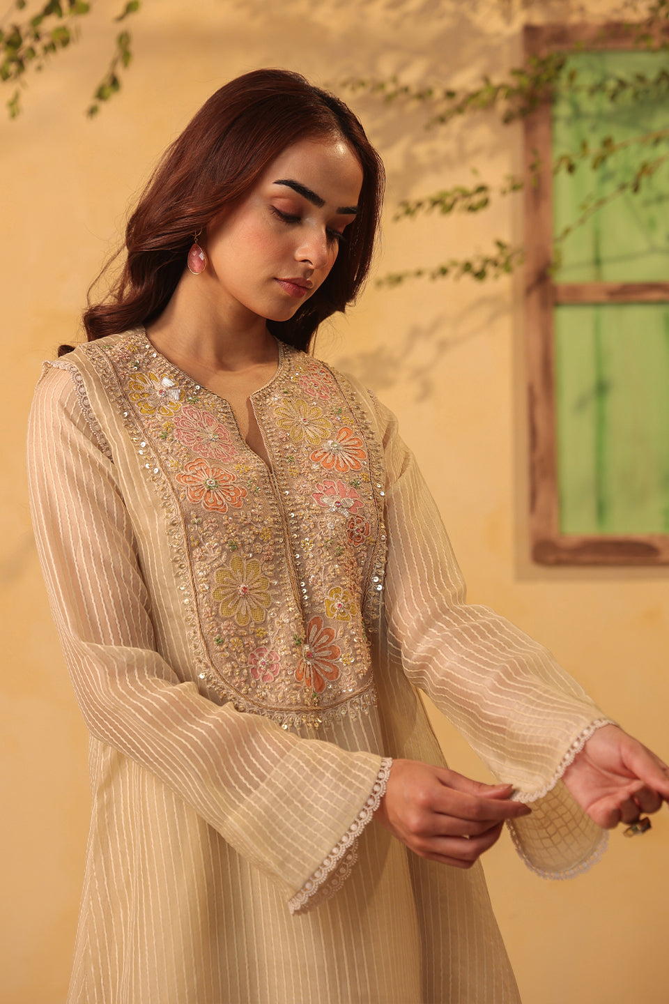 Vaayu Beige Applique Yoke Kurta Set