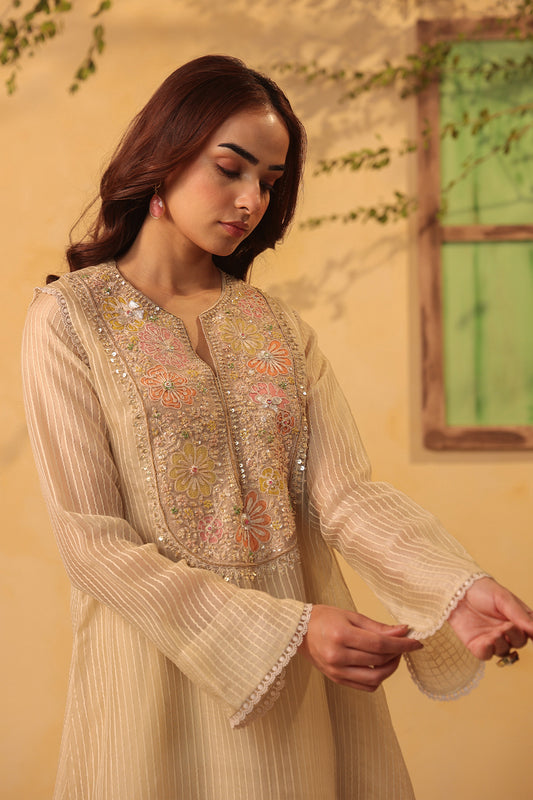 Vaayu Beige Applique Yoke Kurta Set