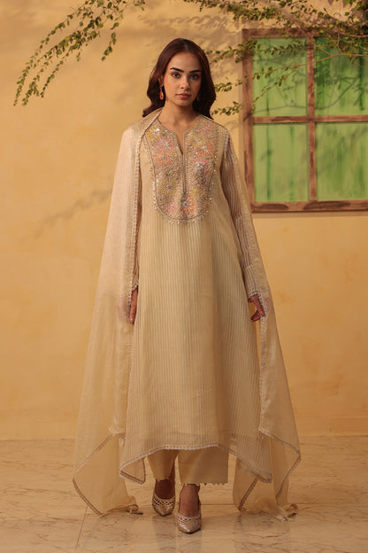 Vaayu Beige Applique Yoke Kurta Set