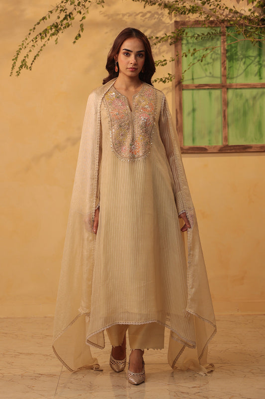 Vaayu Beige Applique Yoke Kurta Set