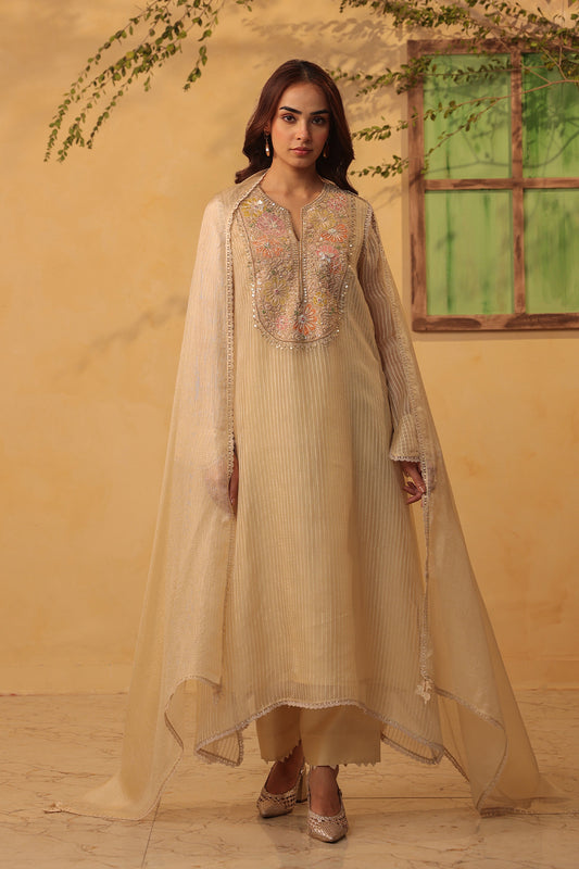 Vaayu Beige Applique Yoke Kurta Set