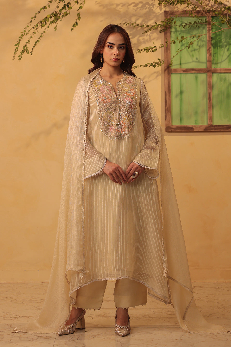 Vaayu Beige Applique Yoke Kurta Set