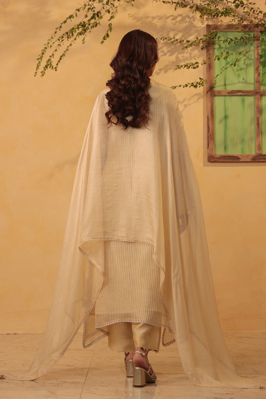 Vaayu Beige Applique Yoke Kurta Set