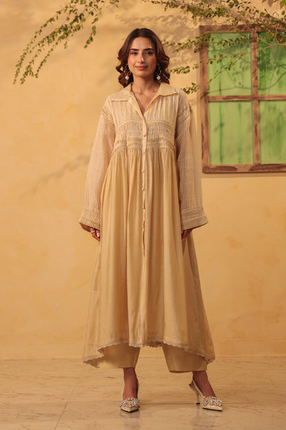 Vaayu Beige Pintuck Collar Kurta Set