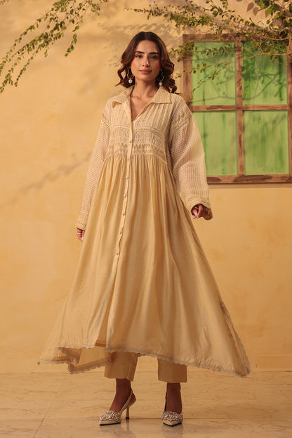 Vaayu Beige Pintuck Collar Kurta Set