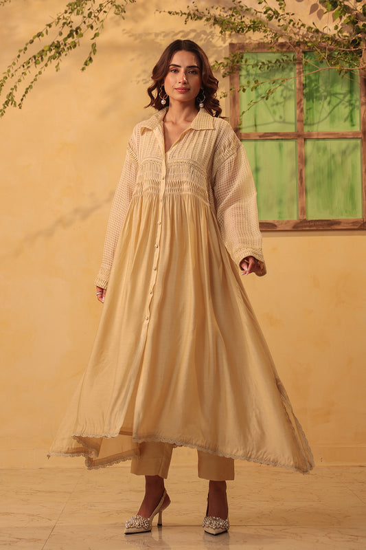Vaayu Beige Pintuck Collar Kurta Set