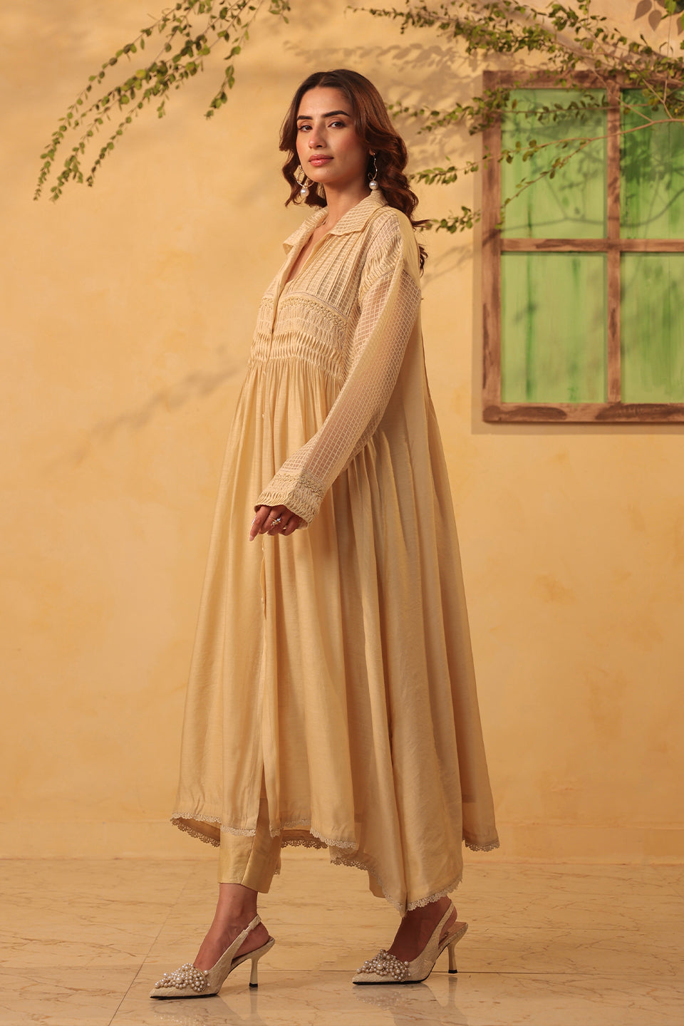 Vaayu Beige Pintuck Collar Kurta Set