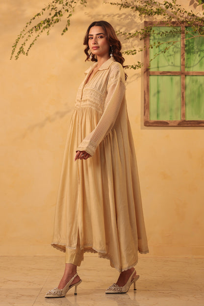 Vaayu Beige Pintuck Collar Kurta Set