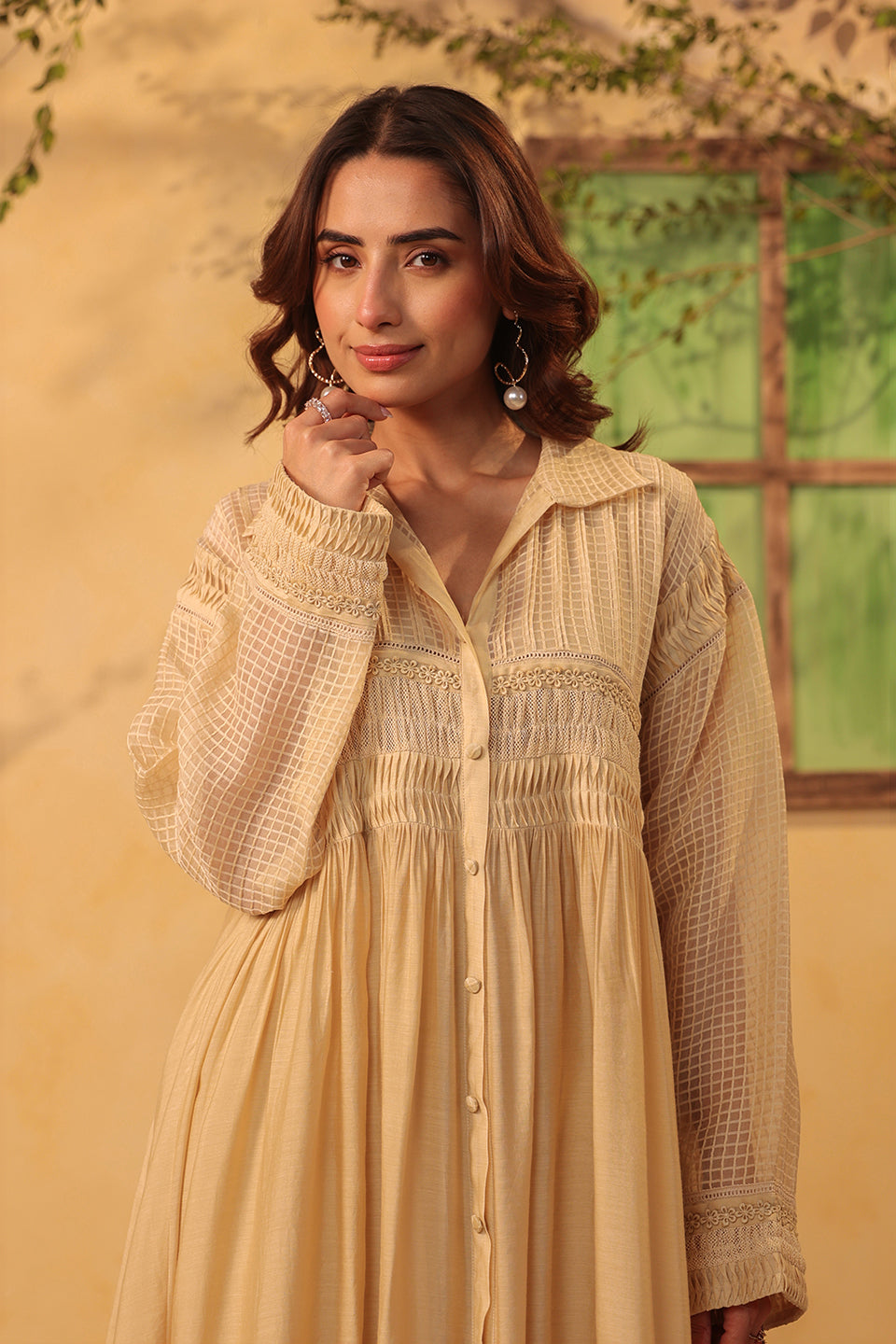 Vaayu Beige Pintuck Collar Kurta Set