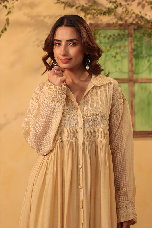 Vaayu Beige Pintuck Collar Kurta Set