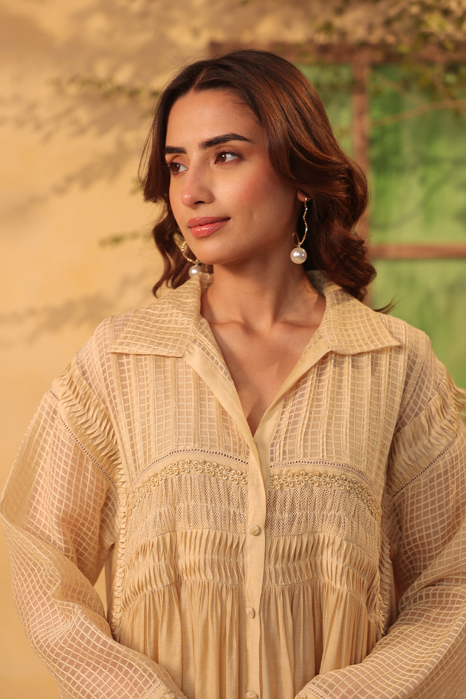 Vaayu Beige Pintuck Collar Kurta Set