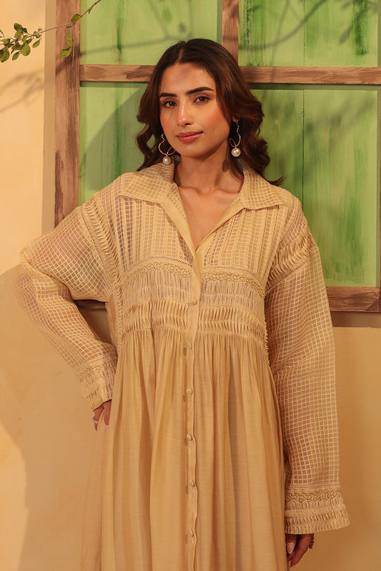 Vaayu Beige Pintuck Collar Kurta Set