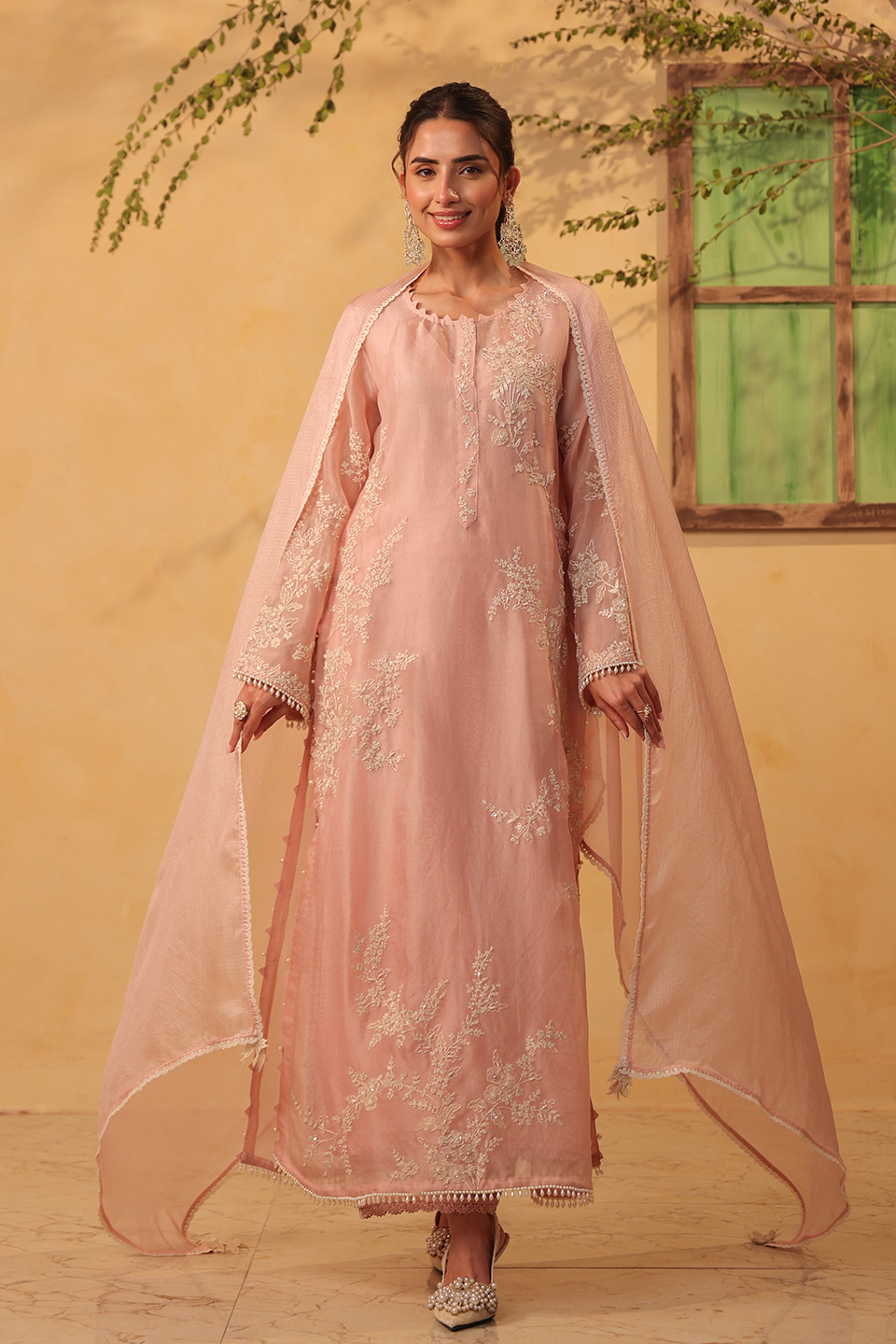 Vaayu Light Pink Jaal Straight Kurta Set