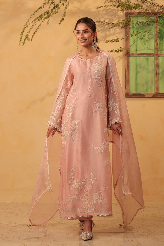 Vaayu Light Pink Jaal Straight Kurta Set