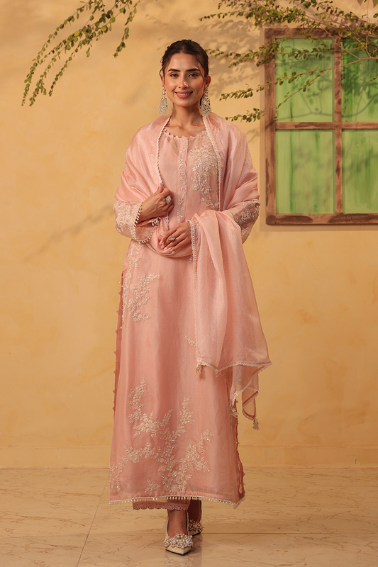 Vaayu Light Pink Jaal Straight Kurta Set