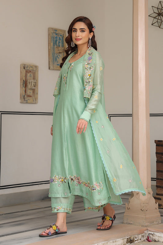 Gulzar Green Jacket Style Kurta Set