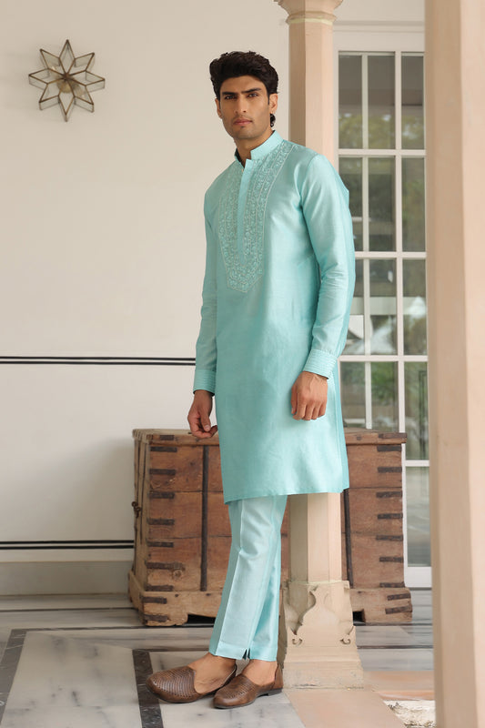 Gulzar Light Blue Floral Embroidered Neckline Kurta Set