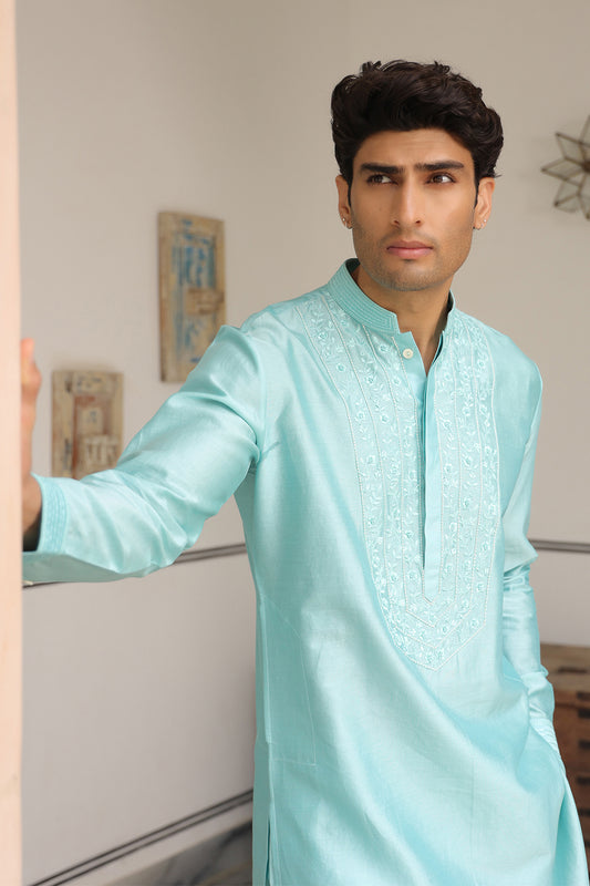 Gulzar Light Blue Floral Embroidered Neckline Kurta Set