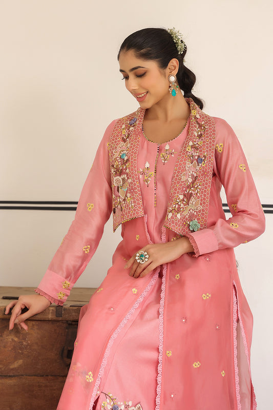 Gulzar Pink Jacket Style Kurta Set
