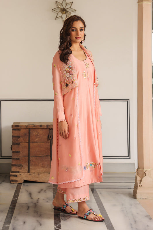 Gulzar Peach Jacket Style Kurta Set