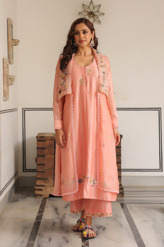 Gulzar Peach Jacket Style Kurta Set