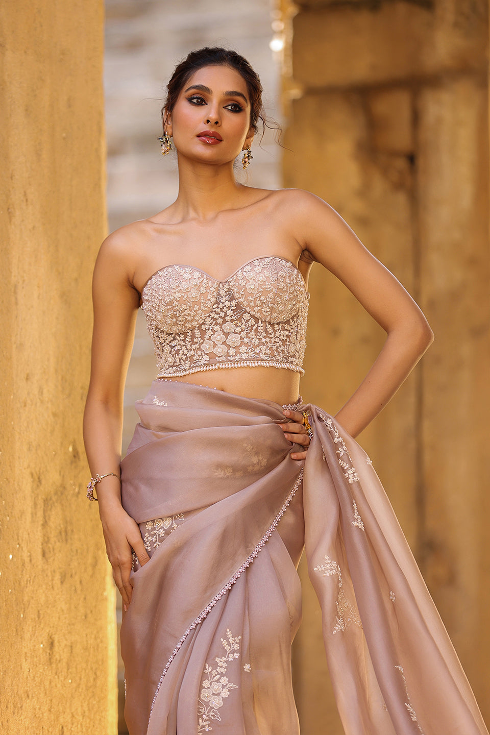 Vaayu Taupe Applique Corset Saree Set