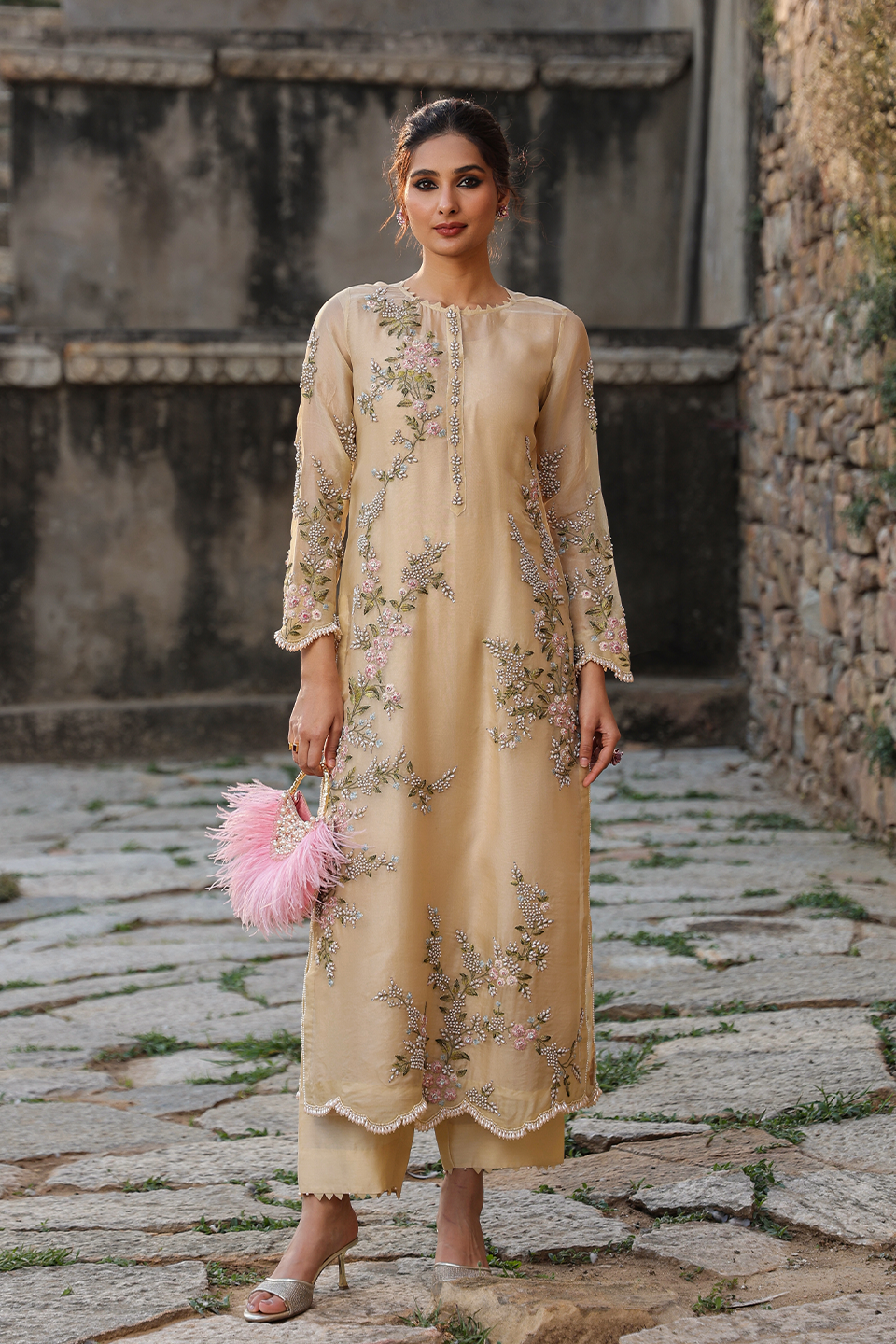 Vaayu Beige Multicolor Jaal Kurta Set