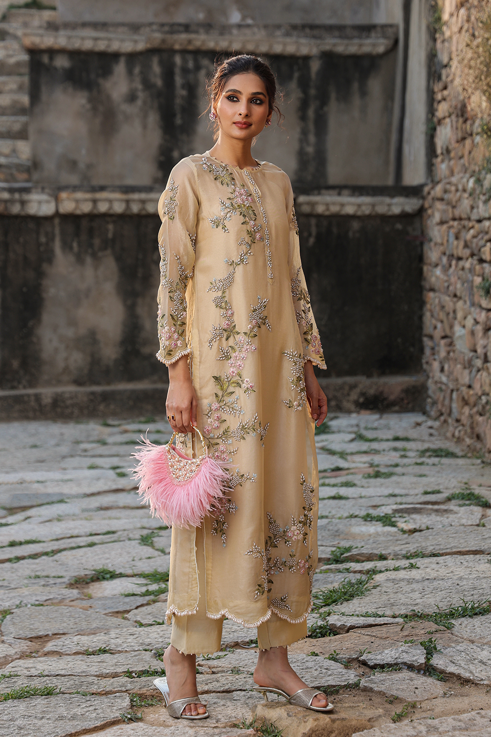 Vaayu Beige Multicolor Jaal Kurta Set