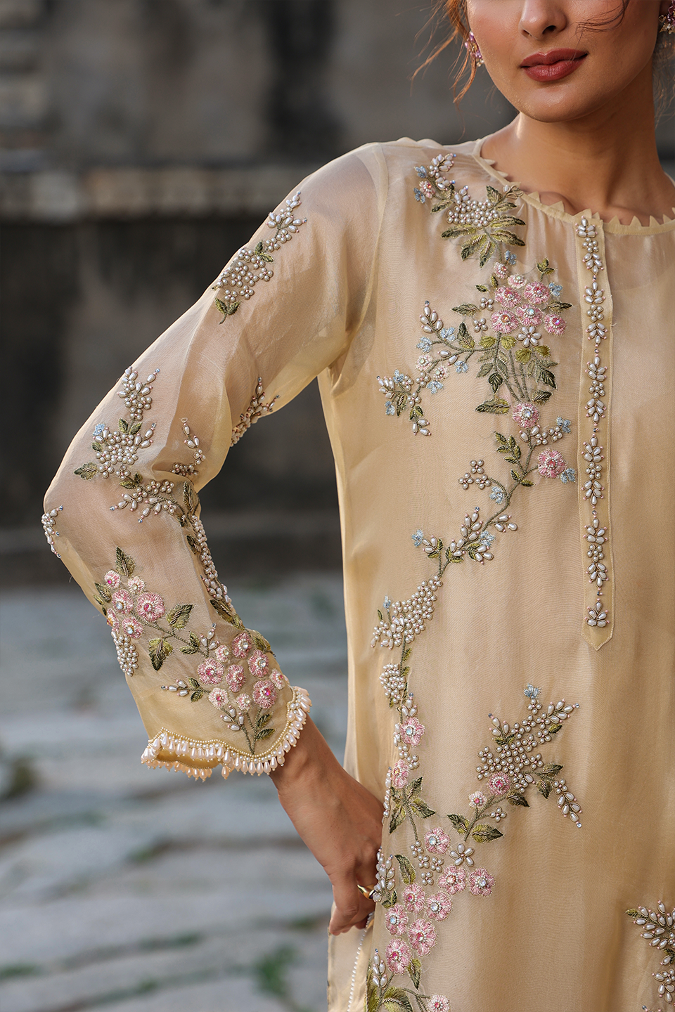 Vaayu Beige Multicolor Jaal Kurta Set