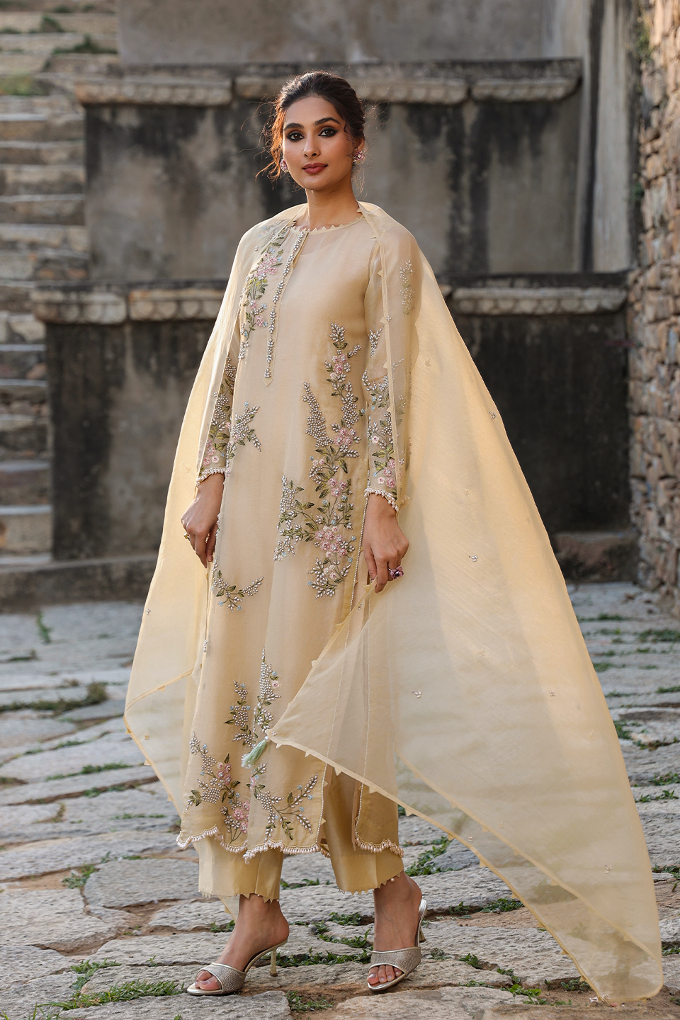 Vaayu Beige Multicolor Jaal Kurta Set