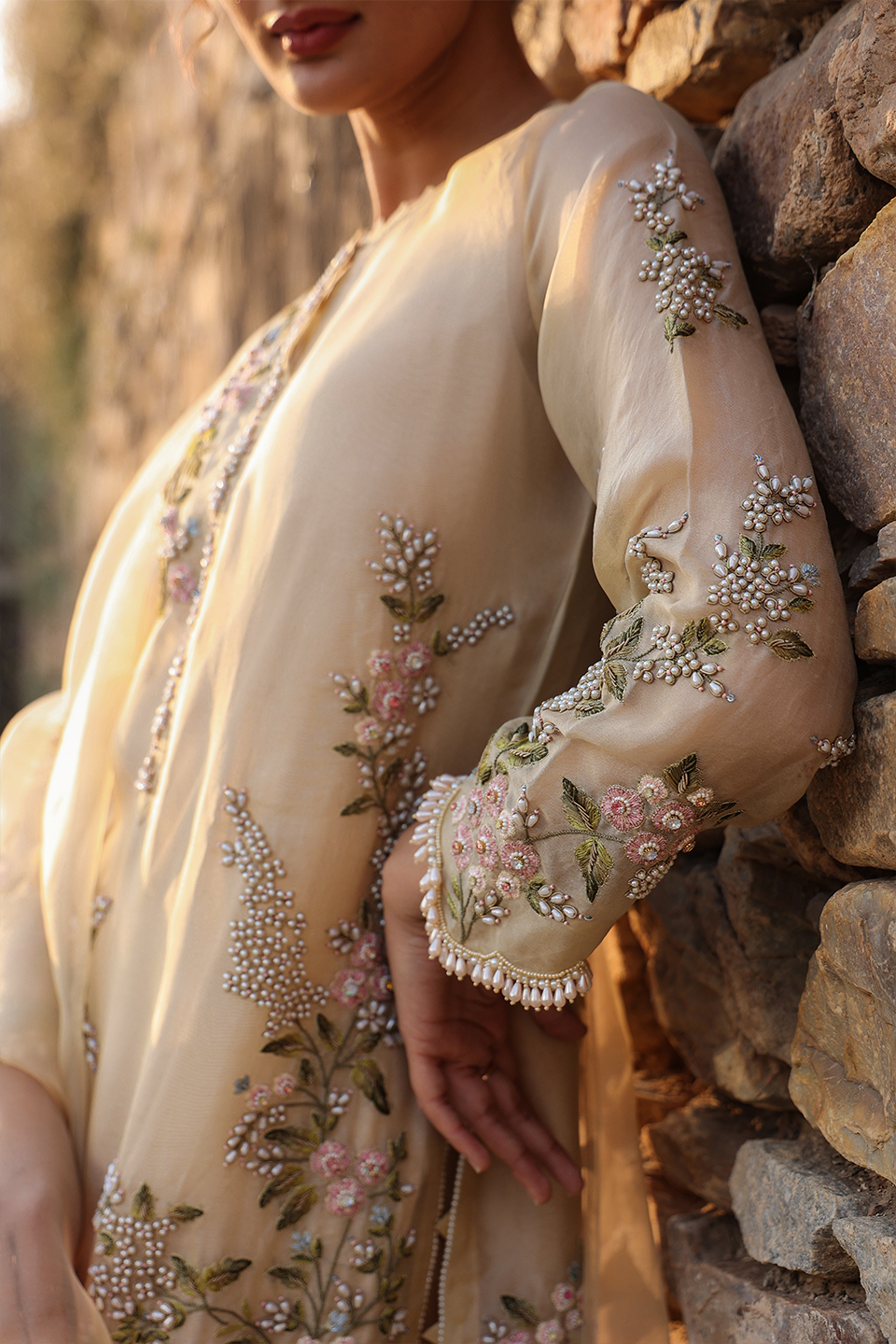 Vaayu Beige Multicolor Jaal Kurta Set